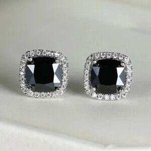 18k White Gold Black Diamond Cushion Halo Earrings